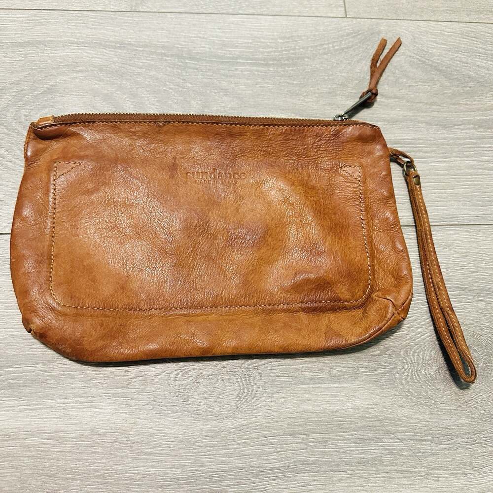Vintage Sundance Leather Wristlet Clutch Large Brown Soft Pockets Pouch Bag